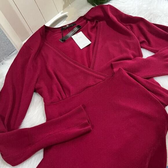 NEW BCBGMAXAZRIA Belted Tailored Plunge Midi Sweater Dress Crimson Red Small NWT - Picture 11 of 15